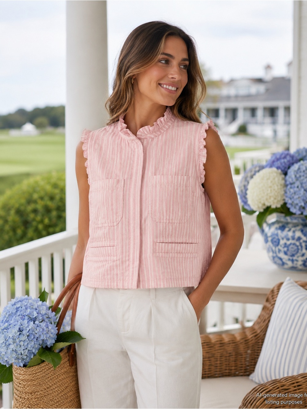 Seventy + Mochi Pablo Pink Stripe Ruffle Denim Vest Waistcoat Size M